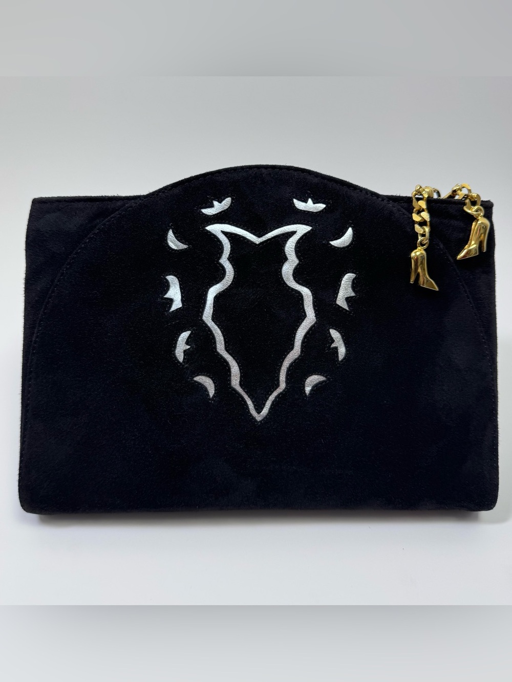 Vintage Maud Frizon Paris Black Suede Clutch w/ Stiletto Heel Charms